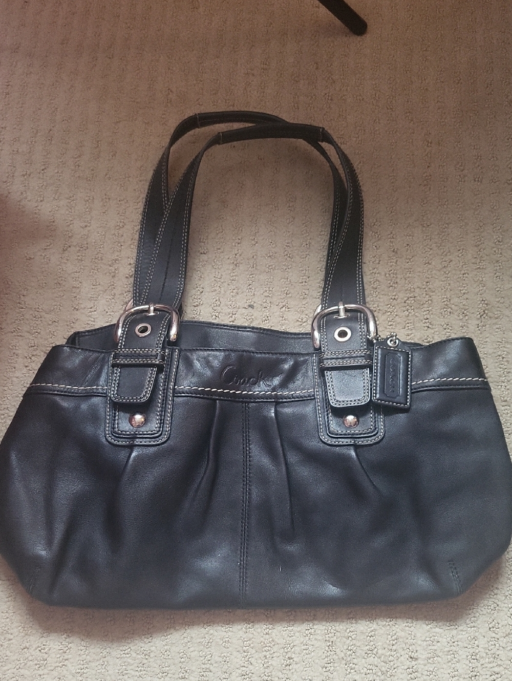 Coach Black Leather Shoulder Tote with Dual Straps
